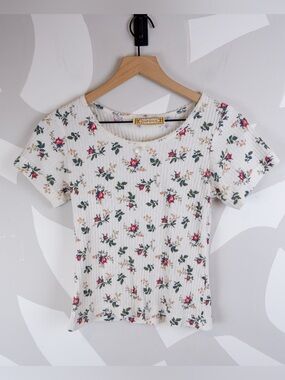 Vintage 90's Bonjour Pointelle Floral Baby Tee | S
